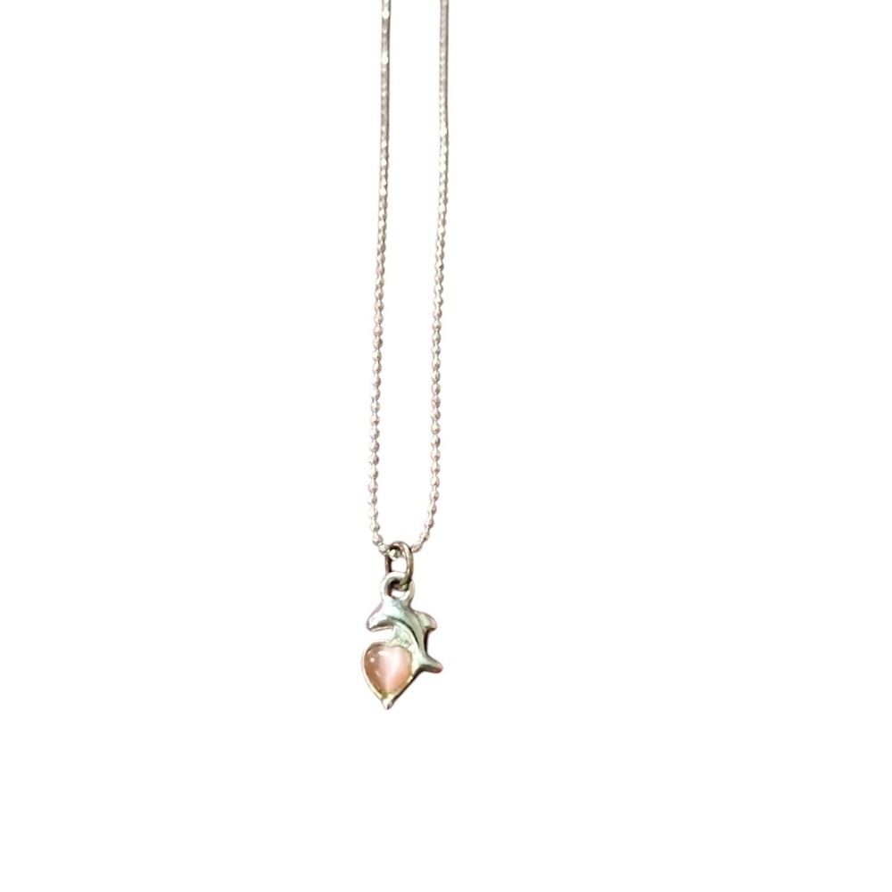 Silver Tone Dolphin Heart Pendant Necklace Pink Stone Ball Chain Y2K Beachy